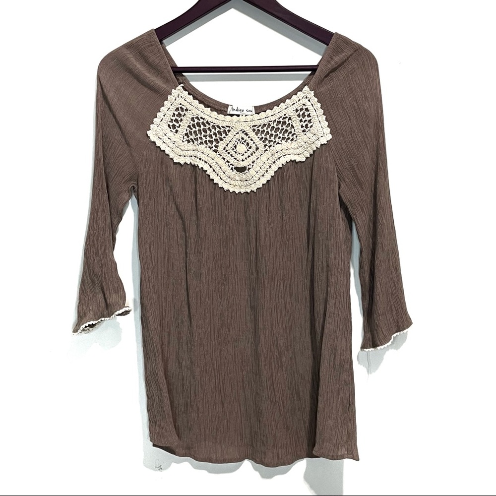 5 for $20 Indigo Soul Crochet Placket Crepe 3/4 Sleeve Top Boutique